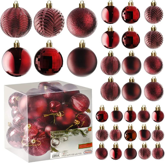 Prextex Red 36-Piece Shatterproof Christmas Ball Ornament The Perfect Glitter Balls, Christmas Tree Baubles Christmas Decorations, Exquisite Xmas Combo of 36 Christmas Balls and Shape Styles