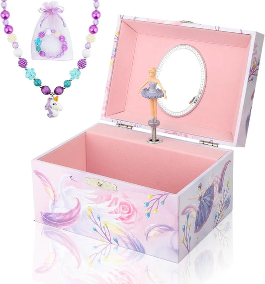 Homtibrm Musical Jewellery Box for Girls with Unicorn Jewelry Set, Kids Jewellery Box Music Box with Spinning Ballerina Birthday Gifts for Girls, Ballerina Swan Lake Tune