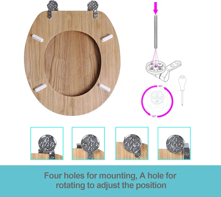 Angel Shield Toilet Seat Antibacterial Wooden Toilet Seat Adjustable Hinges Toilet Seat Always Fits Never Slips for Bathroom, 45 x 37 x 5.6 cm Solid Oak