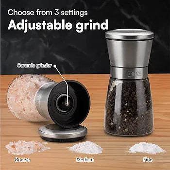 H S Salt and Pepper Grinder Set - Manual Mill Grinders for Kitchen - Glass and Stainless Steel Spice Mills with Adjustable Coarseness - Easy to Use and Fill - Large Capacity