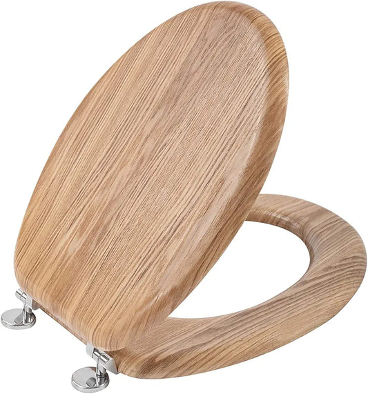 Angel Shield Toilet Seat Antibacterial Wooden Toilet Seat Adjustable Hinges Toilet Seat Always Fits Never Slips for Bathroom, 45 x 37 x 5.6 cm Solid Oak