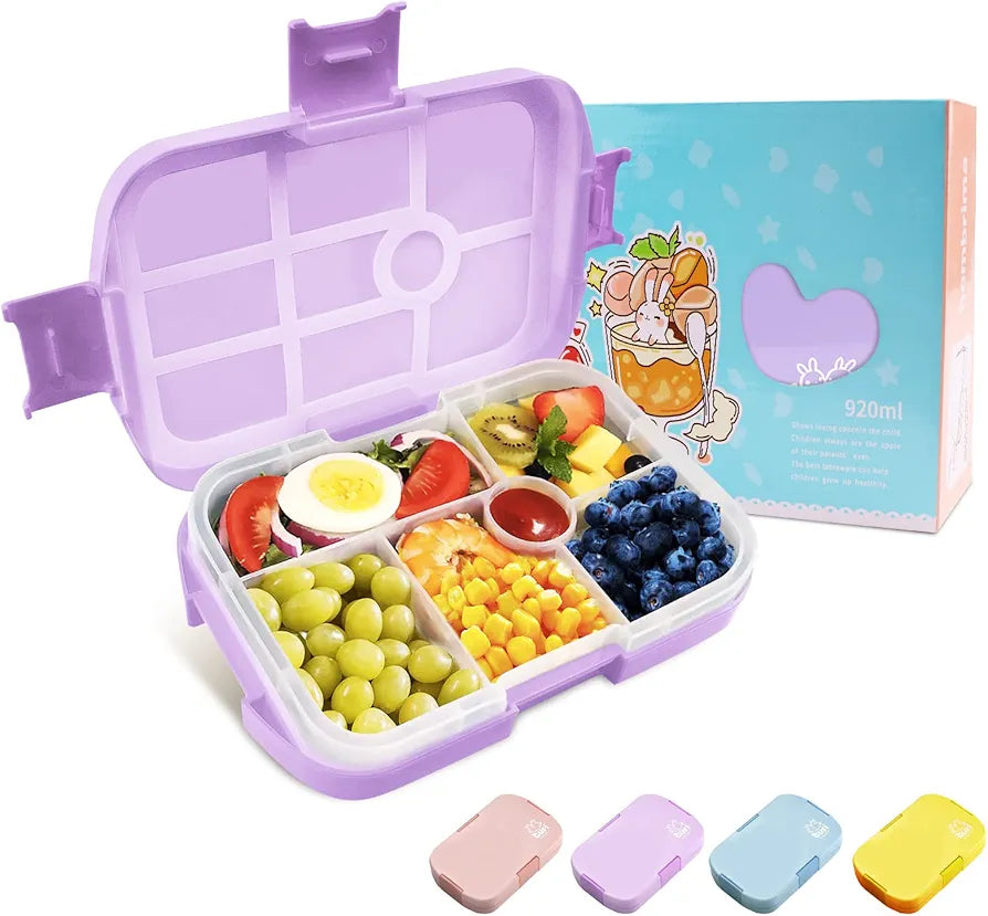 Homtibrm Bento Lunch Box, 920ML Kids Lunch Box with 6 Compartments Snack Salad Box Food Container for Childrens Girls Boys Adults Work School, Microwave Freezer Dishwasher Safe Various Colours