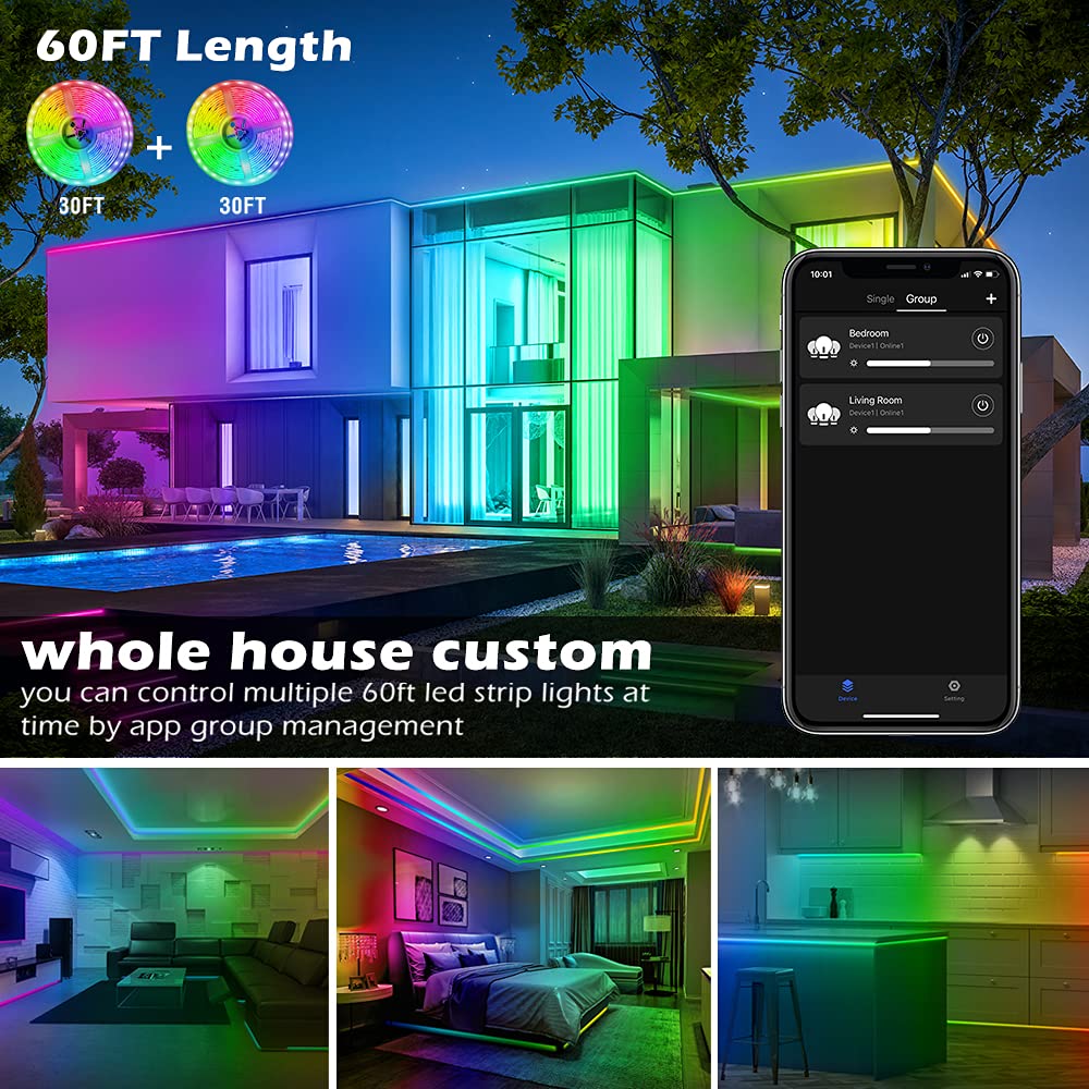 AILBTON 60FT 18M Led Strip Lights,RGB Led Light Strips Music Sync Color Changing Led Strip Built-in Mic,Bluetooth App Control LED Lights for Bedroom,Led Rope Lights with Remote