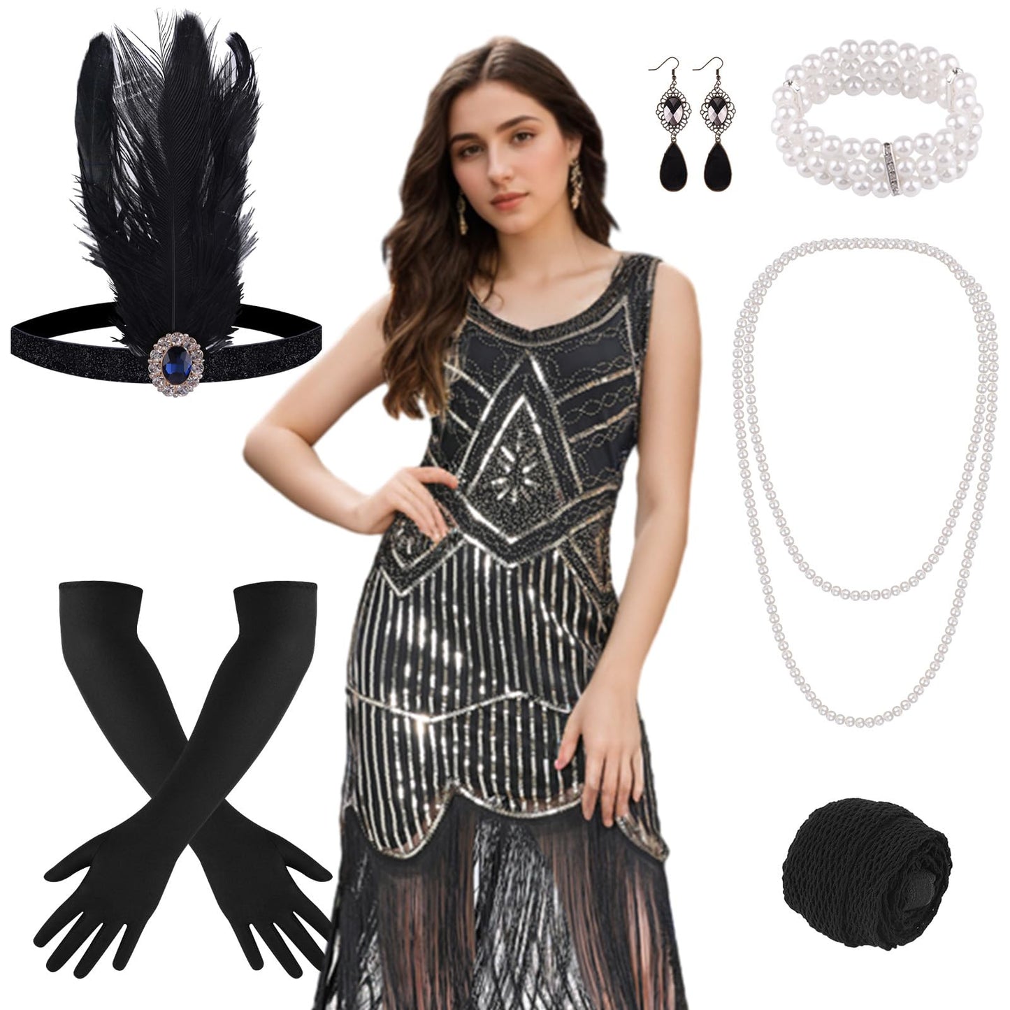 Fancy Dress FEPITO 1920s V Neck Sequin Beaded Fringed Dress with 20s Accessories Set