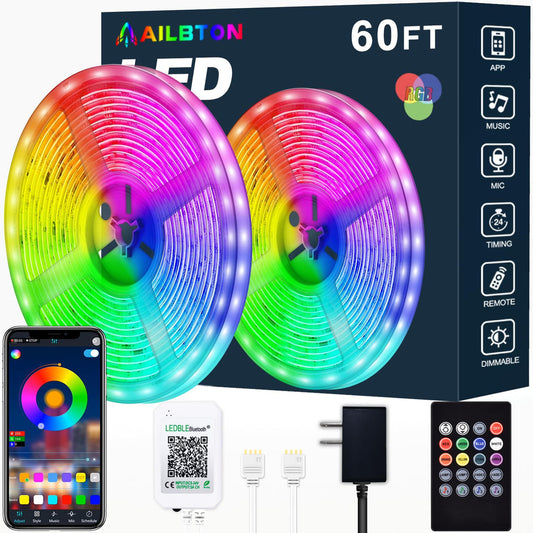 AILBTON 60FT 18M Led Strip Lights,RGB Led Light Strips Music Sync Color Changing Led Strip Built-in Mic,Bluetooth App Control LED Lights for Bedroom,Led Rope Lights with Remote