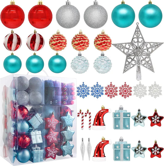 Joiedomi 132 Pcs Red, Blue, Silver Christmas Assorted Ornaments with a Silver Star Tree Topper, Shatterproof Christmas Ornaments for Holidays,