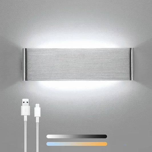 Lightsjoy Battery Operated Wall Light with Motion Sensor LED USB Rechargeable Wall Sconce 8W 30cm Indoor Silver Up Down Aluminum Magnetic Wall Lamp Living Room Bedroom Hallway Stairs 3000k Warm White