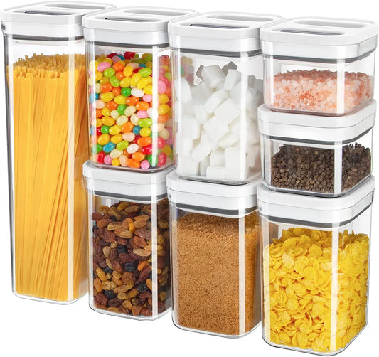 MR.SIGA 8 Piece Airtight Food Storage Container Set, BPA Free Kitchen Pantry Organization Canisters, One-handed Airtight Plastic Containers with Lids for Cereal, Spaghettie, Pasta,White