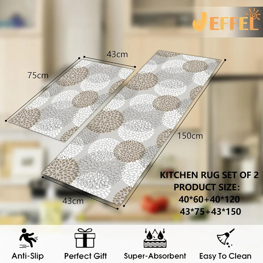 JEFFEL Kitchen Mat Sets Non slip Washable, Kitchen Rugs Runner Set of 2 Anti Fatigue Kitchen Floor Mat for Home Decoration Office Standing Desk K, 43x75 43x150cm