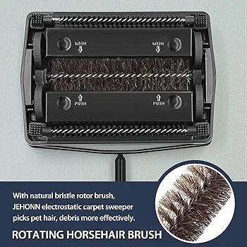 JEHONN Carpet Floor Sweeper Manual with Horsehair, Non Electric Quite Rug Roller Brush Push for Cleaning Pet Hair, Loose Debris, Lint Black