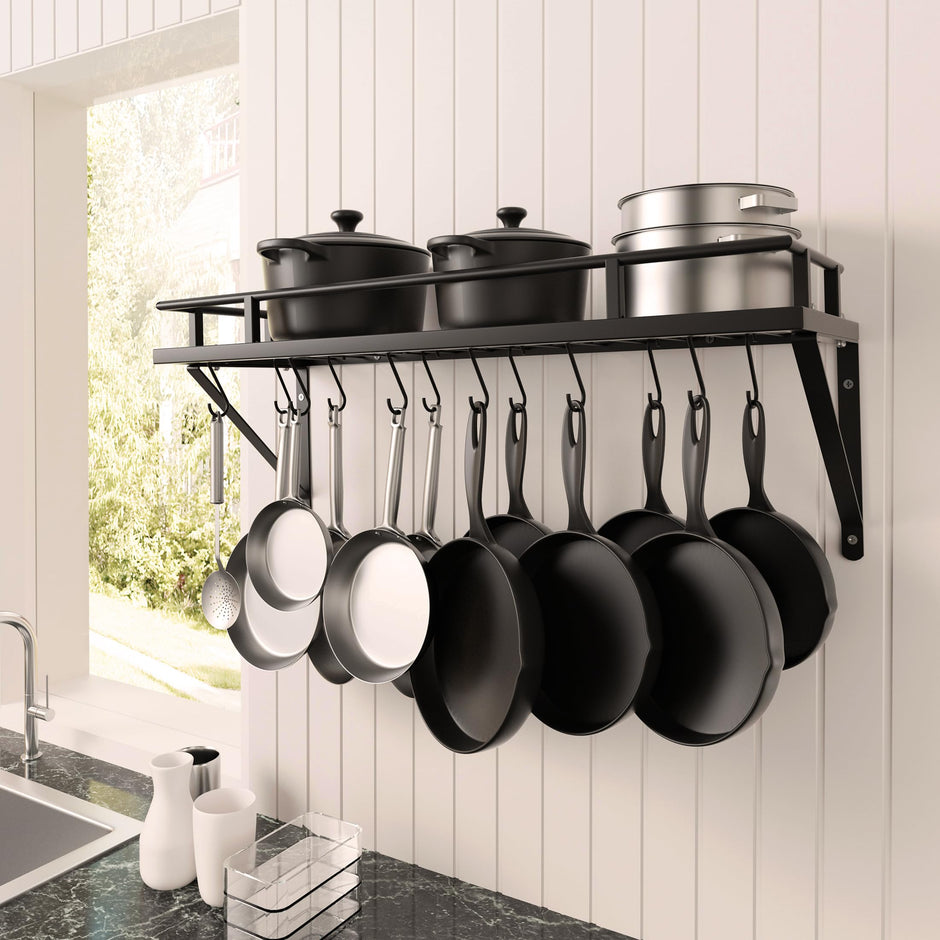 KES Pot Pan Rack Wall Mounted Kitchen Hanging Rack Storage Organizer Wall Shelf with 12 Hooks 76CM Matte Black