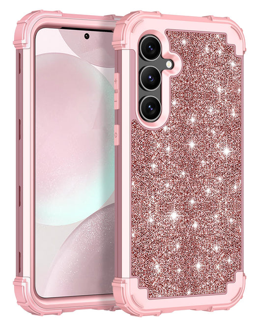 Petocase for Galaxy S24 5G Case Shockproof Three-Layer Heavy Duty Hybrid Sturdy High Impact Protective Cover Girls Women Glitter Case for Samsung Galaxy S24 5G 2024,Shiny Rose Gold