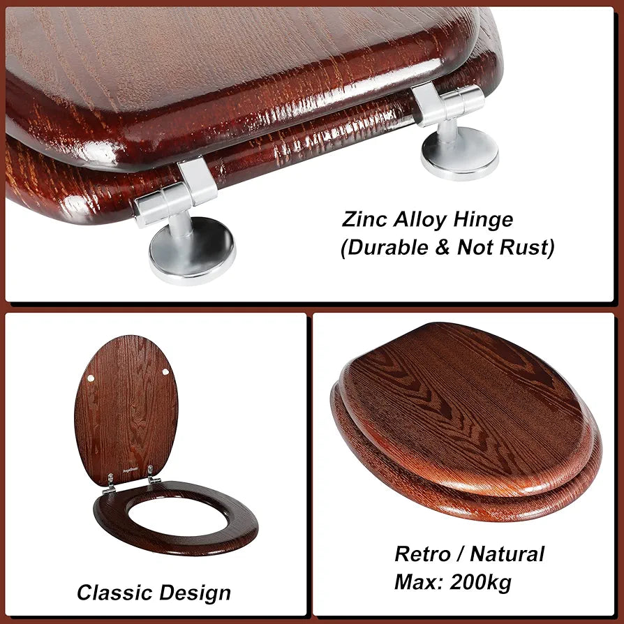 Angel Shield Toilet Seat Natural Wooden Toilet Seat with Quietly Closed and Quick Release Hinges, Easy to Install Also Easy to Clean, Antibacterial Toilet Seat（Dark Walnut）