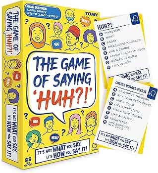 TOMY The Game of Saying 'Huh?!' - Voice Impressions Card Games - Funny Party Game of Acting & Guessing Correctly to Win - Family Board Games for Adults, Teens & Kids 8+ - Board Game for 3-8 Players