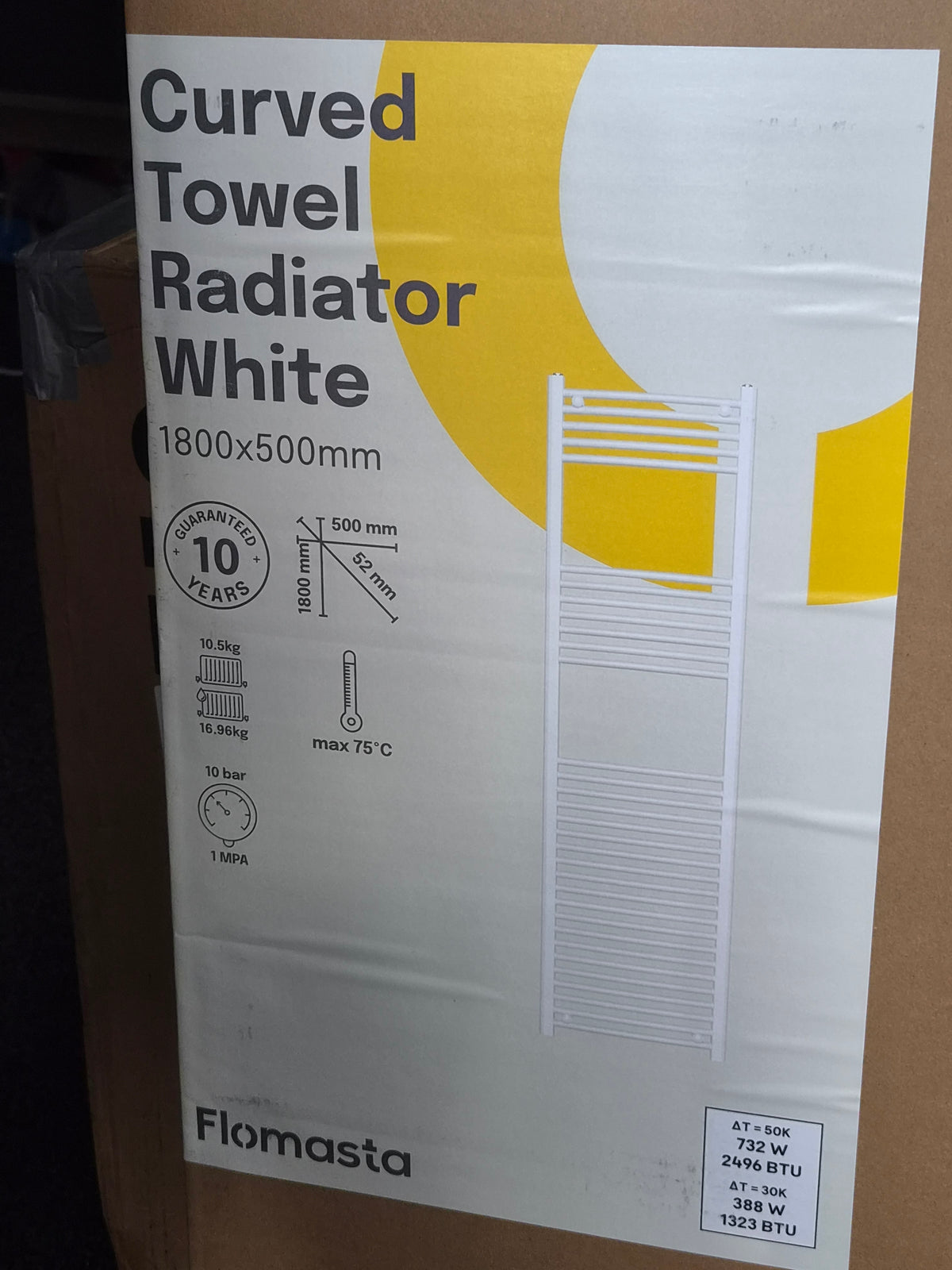 Flomasta 1800mm x 500mm 2496BTU White Curved Towel Radiator