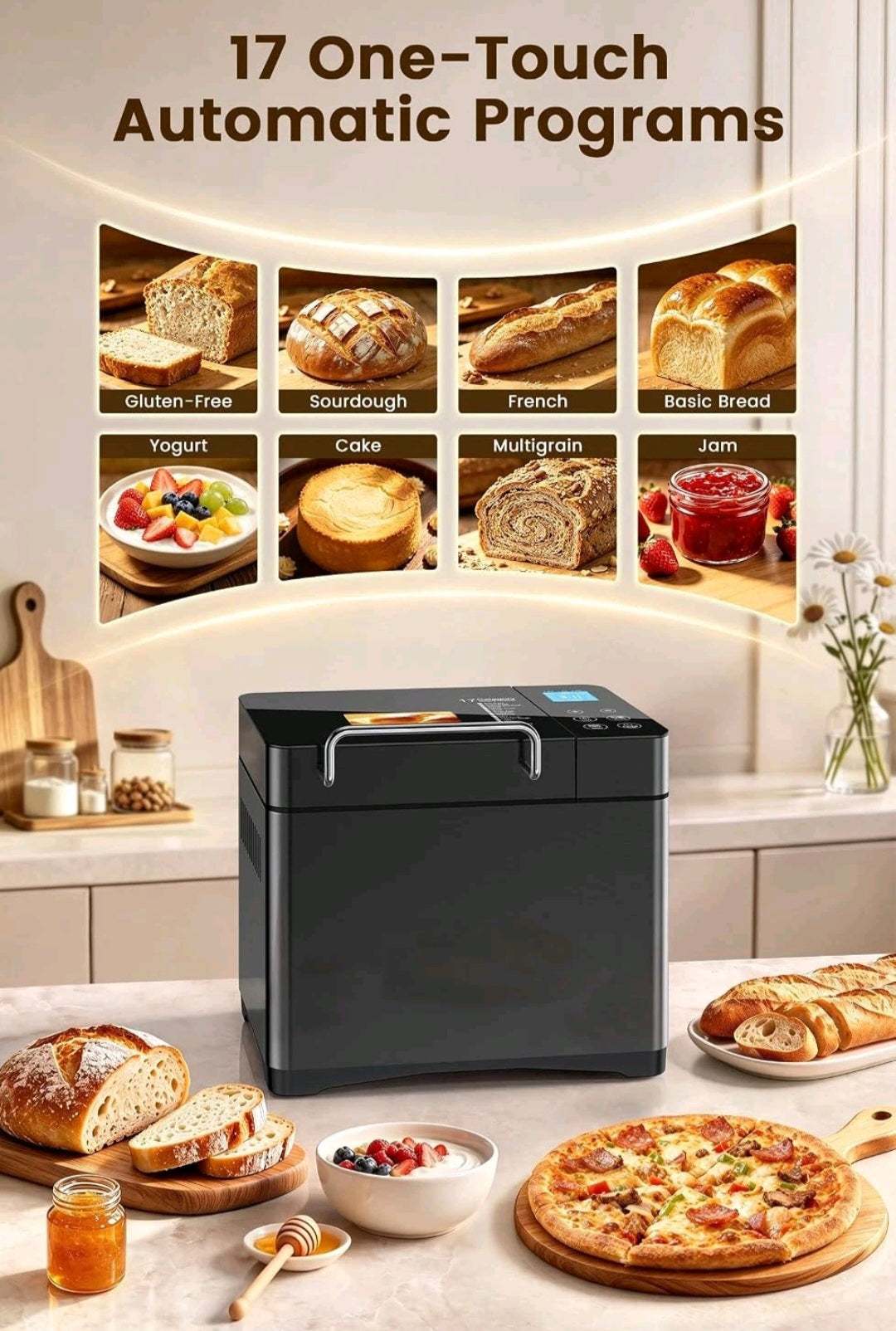 2.2lb Automatic Bread Maker Machine UK with 710W Dual Heater, Ceramic Pan & Auto Nut Dispenser, 17 Programmes & Smart Touch Panel, Gluten Free & Sourdough, 3 Crust Colours, 15H Delay Timer, Low Noise