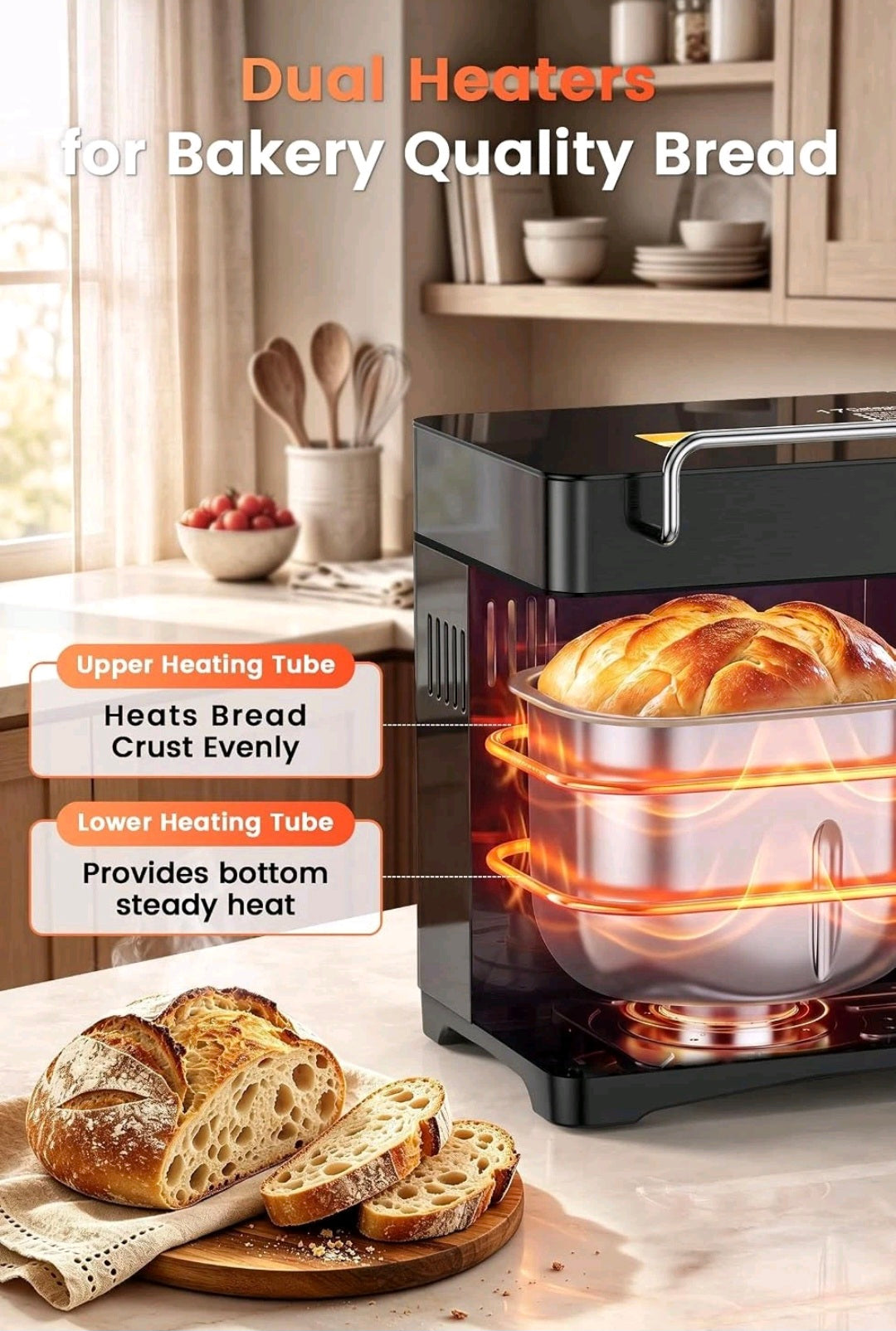 2.2lb Automatic Bread Maker Machine UK with 710W Dual Heater, Ceramic Pan & Auto Nut Dispenser, 17 Programmes & Smart Touch Panel, Gluten Free & Sourdough, 3 Crust Colours, 15H Delay Timer, Low Noise
