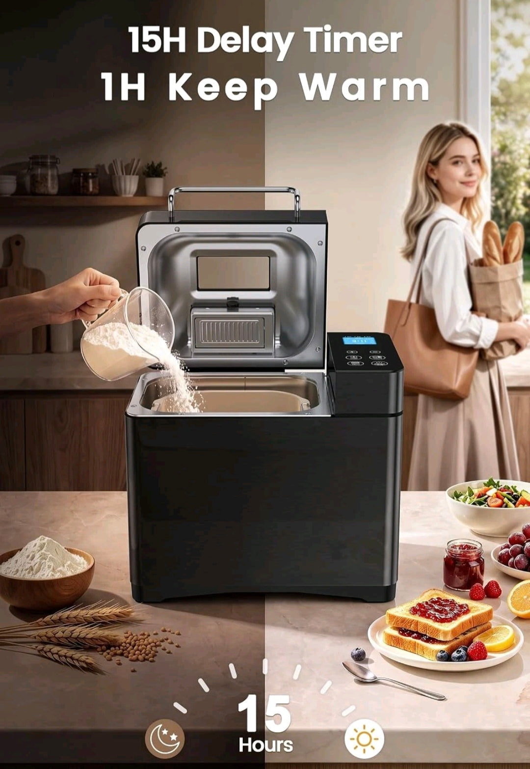 2.2lb Automatic Bread Maker Machine UK with 710W Dual Heater, Ceramic Pan & Auto Nut Dispenser, 17 Programmes & Smart Touch Panel, Gluten Free & Sourdough, 3 Crust Colours, 15H Delay Timer, Low Noise