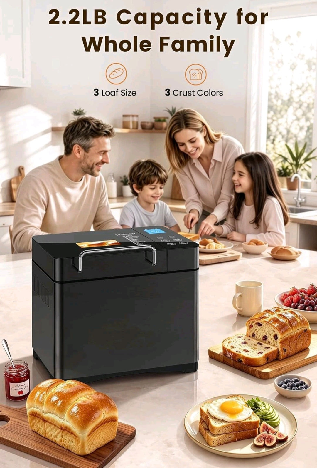 2.2lb Automatic Bread Maker Machine UK with 710W Dual Heater, Ceramic Pan & Auto Nut Dispenser, 17 Programmes & Smart Touch Panel, Gluten Free & Sourdough, 3 Crust Colours, 15H Delay Timer, Low Noise