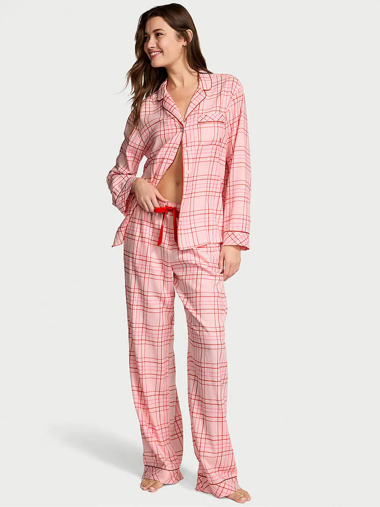 Victoria's Secret Pretty Blossom Pink Tartan Flannel Long Pyjamas Set size M to XXL for
