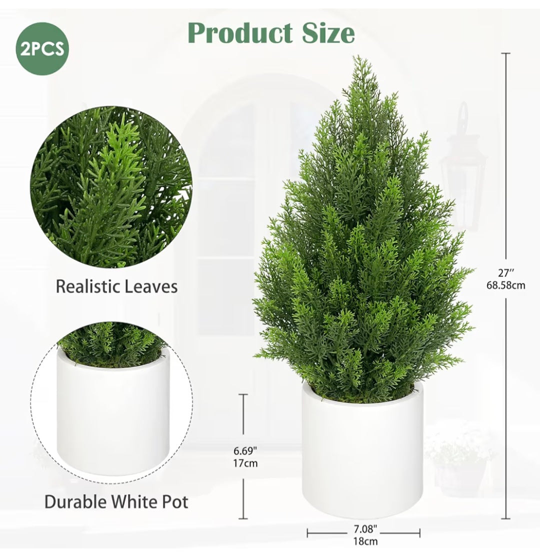 Hollyone 2PCS Artificial Cypress Trees, 27'' Fake Topiary Trees in White Pot, Decorative Faux Topiaries for Indoor&Outdoor Home Decor Garden Balcony Patio Entryway (68CM)