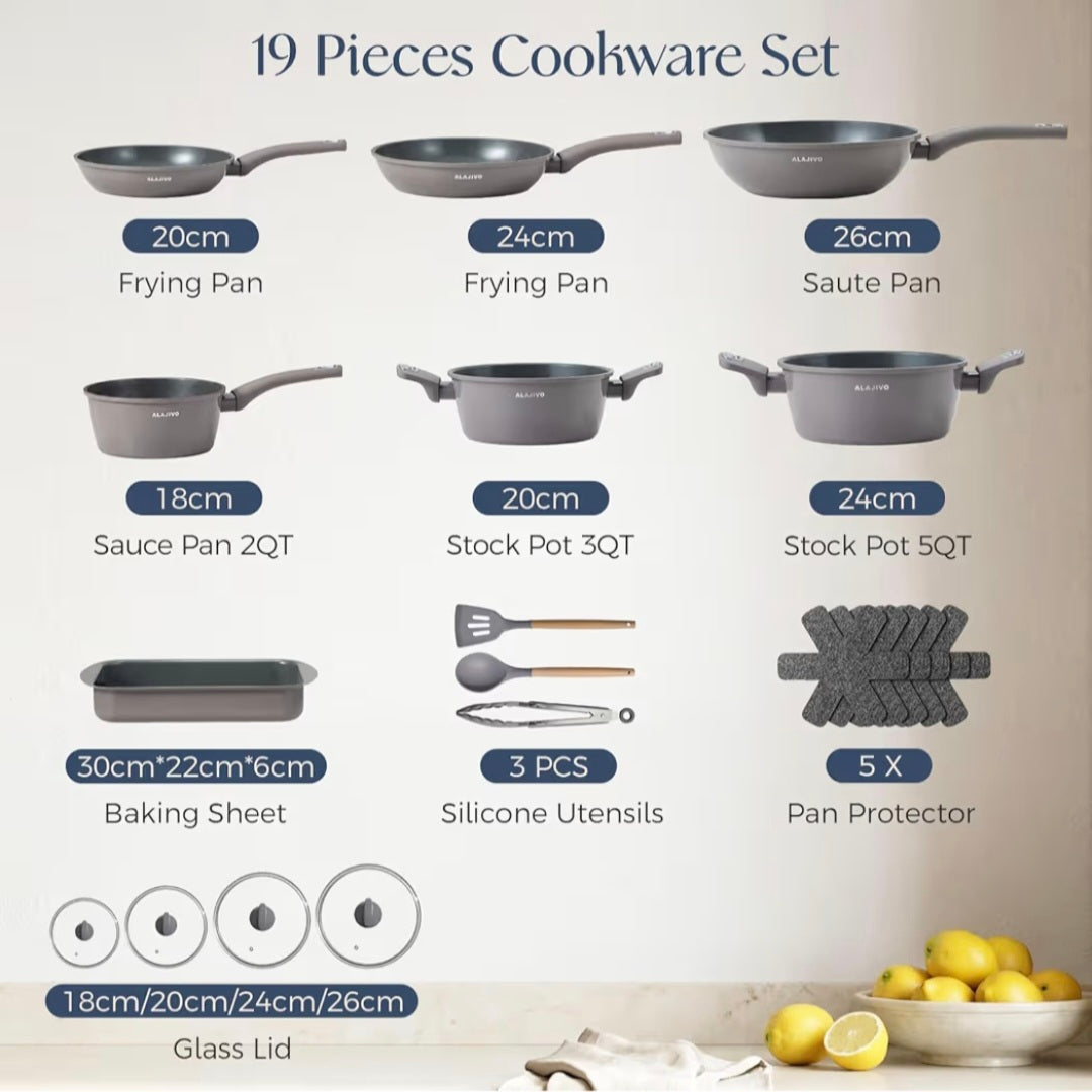 Non Stick Pots and Pans Set 19 Piece, Induction Hob Pan Set, Kitchen Cookware Sets Nonstick, Saucepan Sets with Lids, Frying Pans Set for Cooking, Saute Pan, Stock Pot