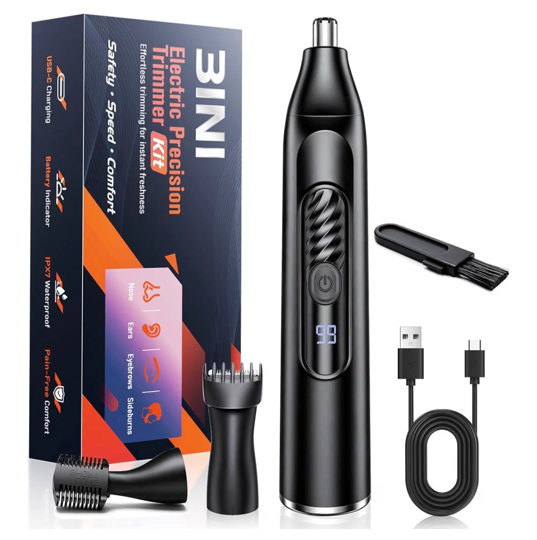 Nose Hair Trimmer for Men and Women 3-in-1, Rechargeable & Painless Dual-Edge Blades Nose Trimmer/Scissors, Ear & Eyebrow & Sideburn & Facial Hair Removal Kit with IPX7,120 Min Runtime,LED Display,USB