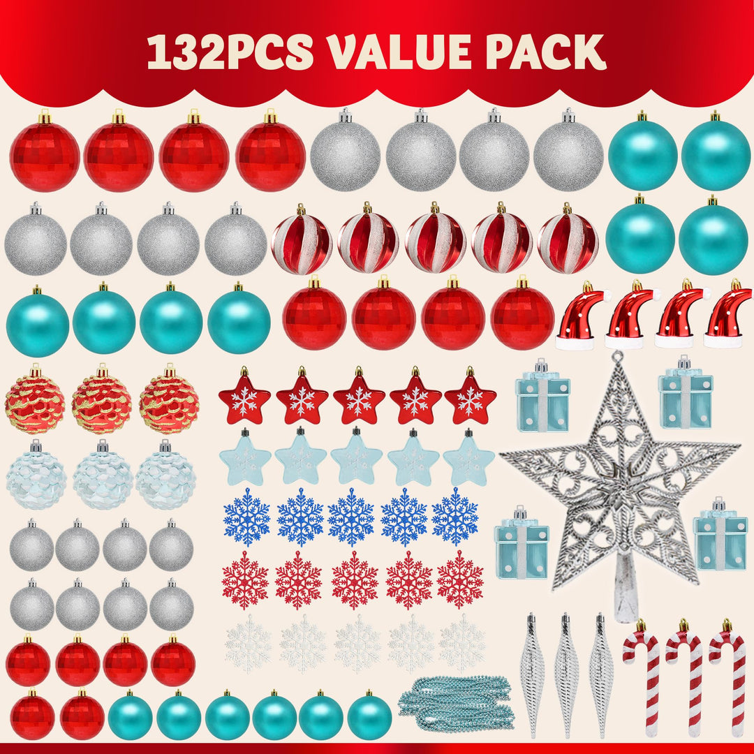 Joiedomi 132 Pcs Red, Blue, Silver Christmas Assorted Ornaments with a Silver Star Tree Topper, Shatterproof Christmas Ornaments for Holidays,