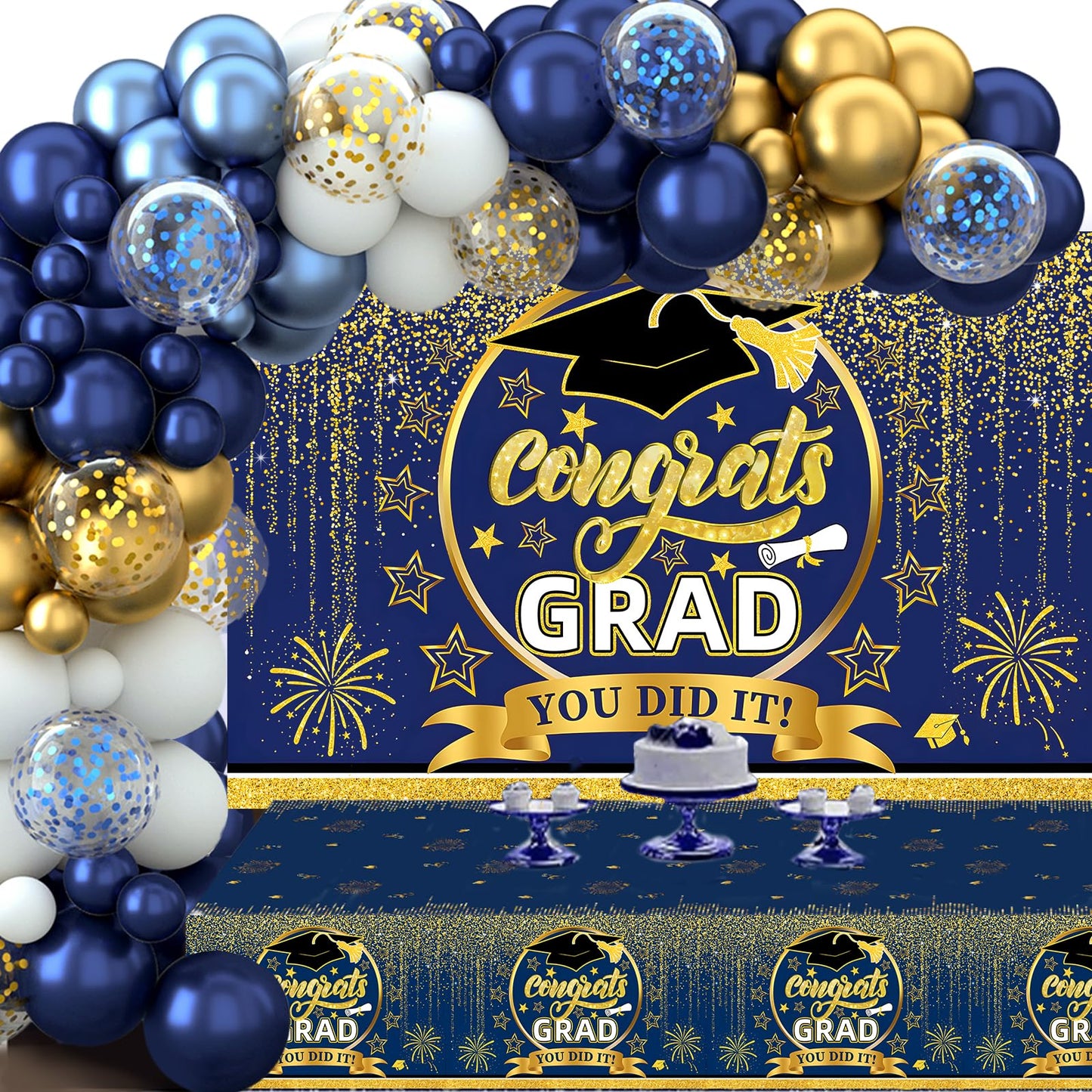 Graduation Decorations Blue and Gold Balloons Arch Kit With Graduation Banner Table Cloth,Congratulations Banner,Graduation Balloons for Graduation