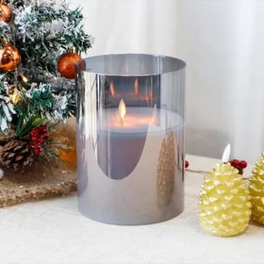 JHY DESIGN 3-Wick Glass Flameless Battery Operated Candles Dancing Flame LED Large Pillar Tea Lights Candlelights with 6-Hour Timer Feature Real Wax Moving Wick for Home Wedding Party Festival(Grey)