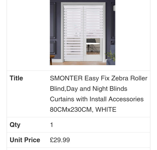 Easy Fix Zebra Day/Night Blind White 80x230cm