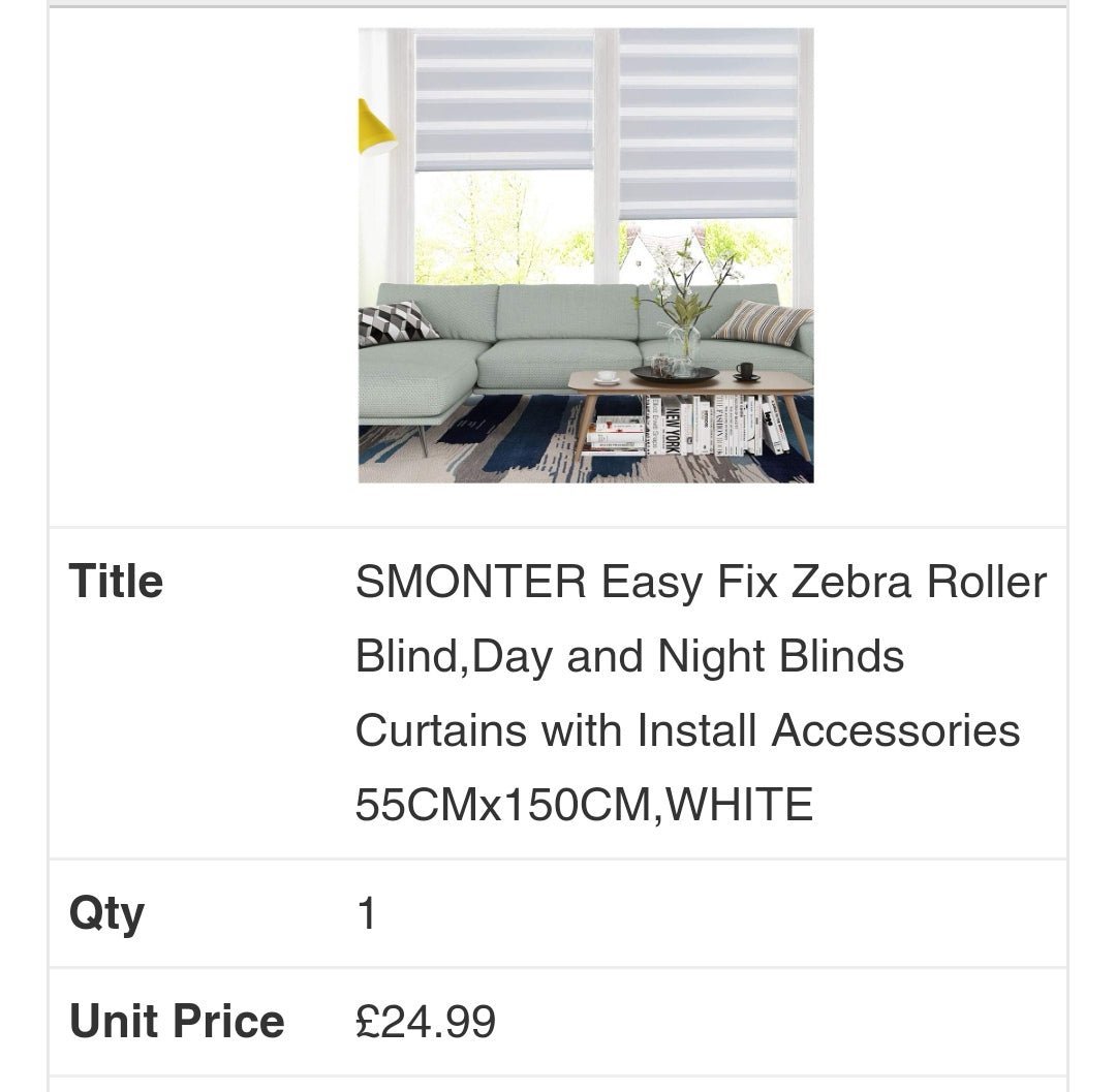 Easy Fix Zebra Day/Night Blind White 55x150cm