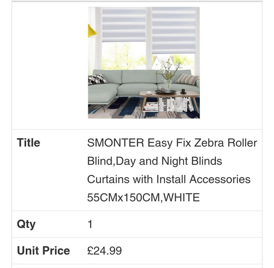 Easy Fix Zebra Day/Night Blind White 55x150cm