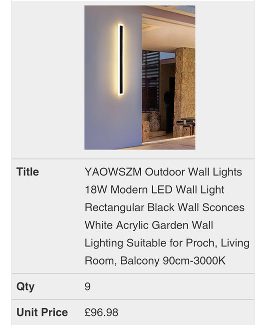 YAOWSZM Outdoor Wall Lights 18W Modern LED Wall Light Rectangular Black Wall Sconces White Acrylic Garden Wall Lighting Suitable for Porch, Living Room, Balcony 90cm-3000K