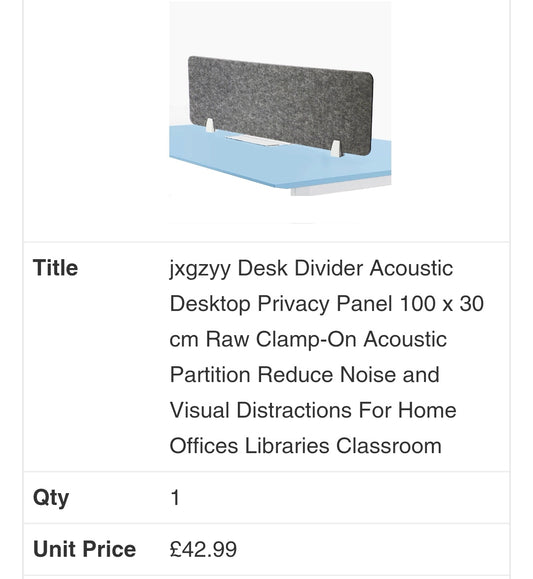 jxgzyy Desk Divider Acoustic Desktop Privacy Panel 100 x 30 cm Raw Clamp-On Acoustic Partition Reduce Noise and Visual Distractions For Home Offices Libraries Classroom