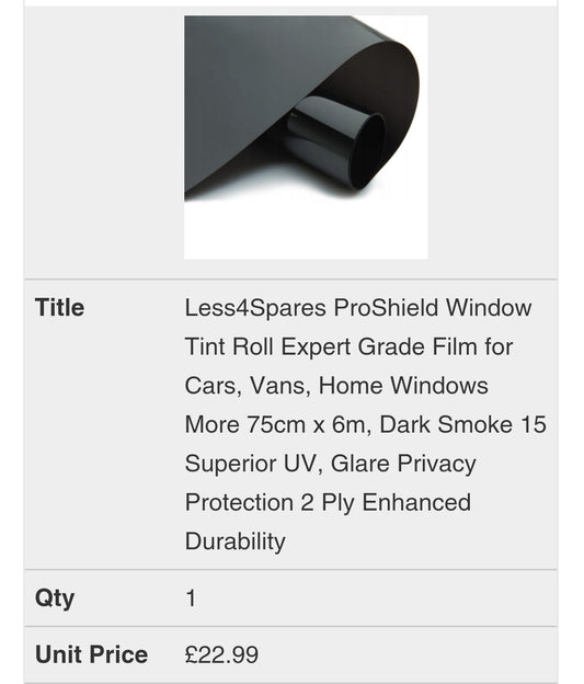 Less4Spares ProShield Window Tint Roll Expert Grade Film for Cars, Vans, Home Windows More 75cm x 6m, Dark Smoke 15 Superior UV, Glare Privacy Protection 2 Ply Enhanced Durability