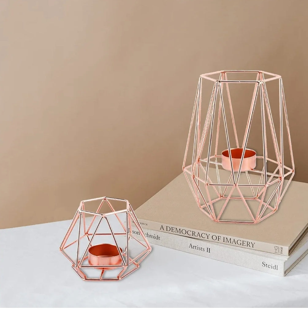 Homtone 2 Pcs Metal Hexagon Tealight Candle Holders, Rose Gold Geometric Hollow Tea Light Lanterns Holders Ornament for Home Decor 8cm 17cm