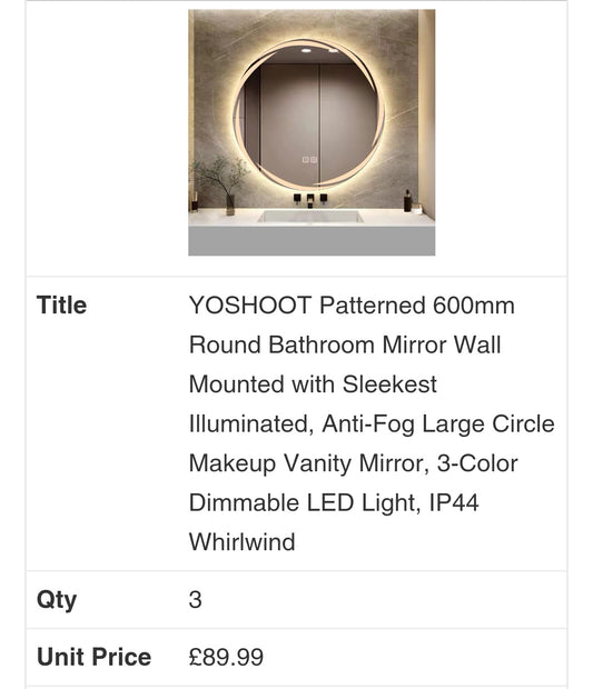 YOSHOOT Patterned 600mm Round Bathroom Mirror Wall Mounted with Sleekest Illuminated, Anti-Fog Large Circle Makeup Vanity Mirror, 3-Color Dimmable LED Light, IP44 Whirlwind