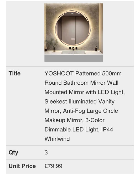 YOSHOOT Patterned 500mm Round Bathroom Mirror Wall Mounted Mirror with LED Light, Sleekest Illuminated Vanity Mirror, Anti-Fog Large Circle Makeup Mirror, 3-Color Dimmable LED Light, IP44 Whirlwind