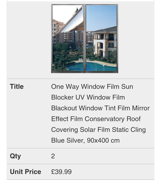 One Way Window Film Sun Blocker UV Window Film Blackout Window Tint Film Mirror Effect Film Conservatory Roof Covering Solar Film Static Cling Blue Silver, 90x400 cm