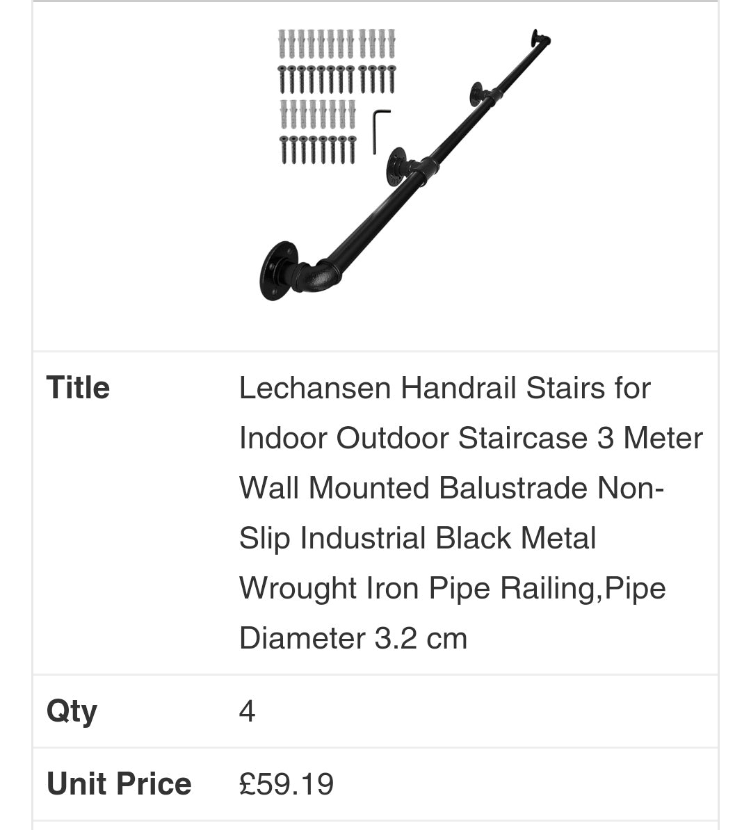 Lechansen Handrail Stairs for Indoor Outdoor Staircase 3 Meter Wall Mounted Balustrade Non-Slip Industrial Black Metal Wrought Iron Pipe Railing,Pipe Diameter 3.2 cm