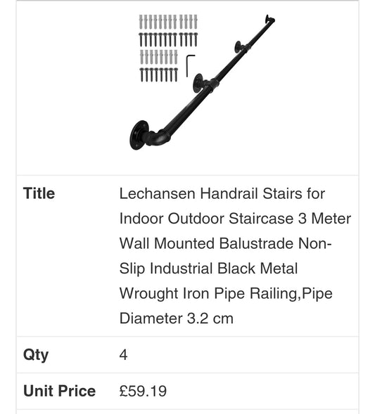 Lechansen Handrail Stairs for Indoor Outdoor Staircase 3 Meter Wall Mounted Balustrade Non-Slip Industrial Black Metal Wrought Iron Pipe Railing,Pipe Diameter 3.2 cm