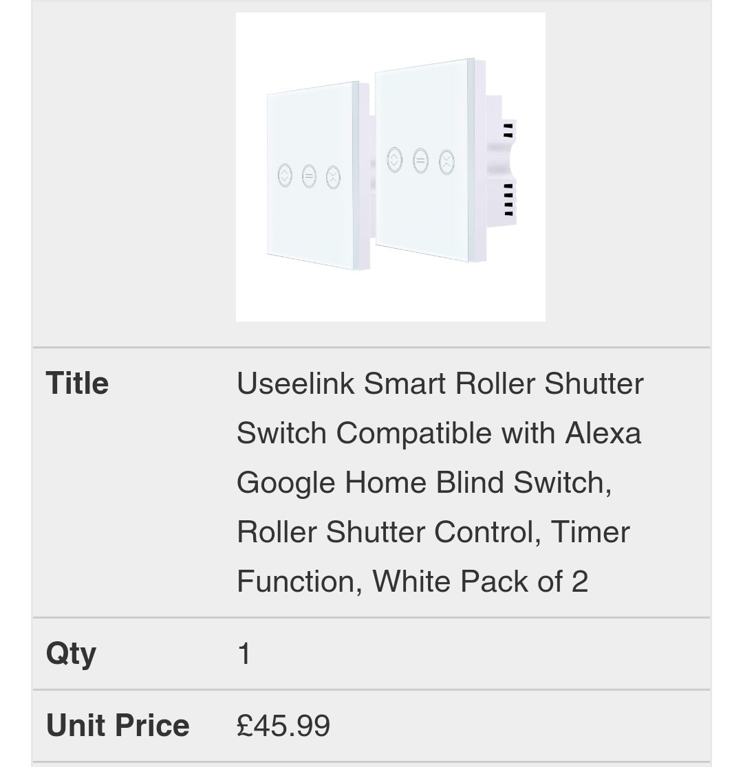 Useelink Smart Roller Shutter Switch Compatible with Alexa Google Home Blind Switch, Roller Shutter Control, Timer Function, White Pack of 2