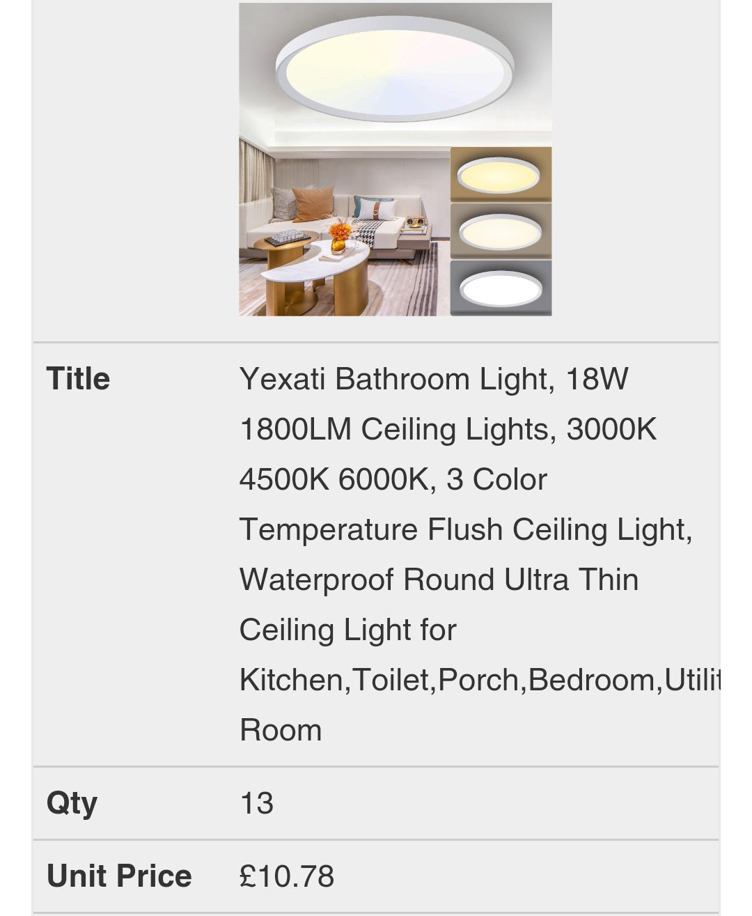 Yexati Bathroom Light, 18W 1800LM Ceiling Lights, 3000K 4500K 6000K, 3 Color Temperature Flush Ceiling Light, Waterproof Round Ultra Thin Ceiling Light for Kitchen,Toilet,Porch,Bedroom,Utility Room