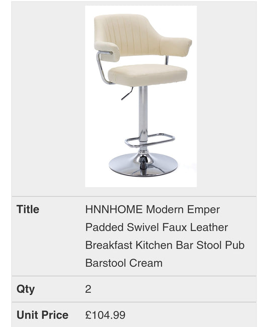 HNNHOME Modern Emper Padded Swivel Faux Leather Breakfast Kitchen Bar Stool Pub Barstool Cream