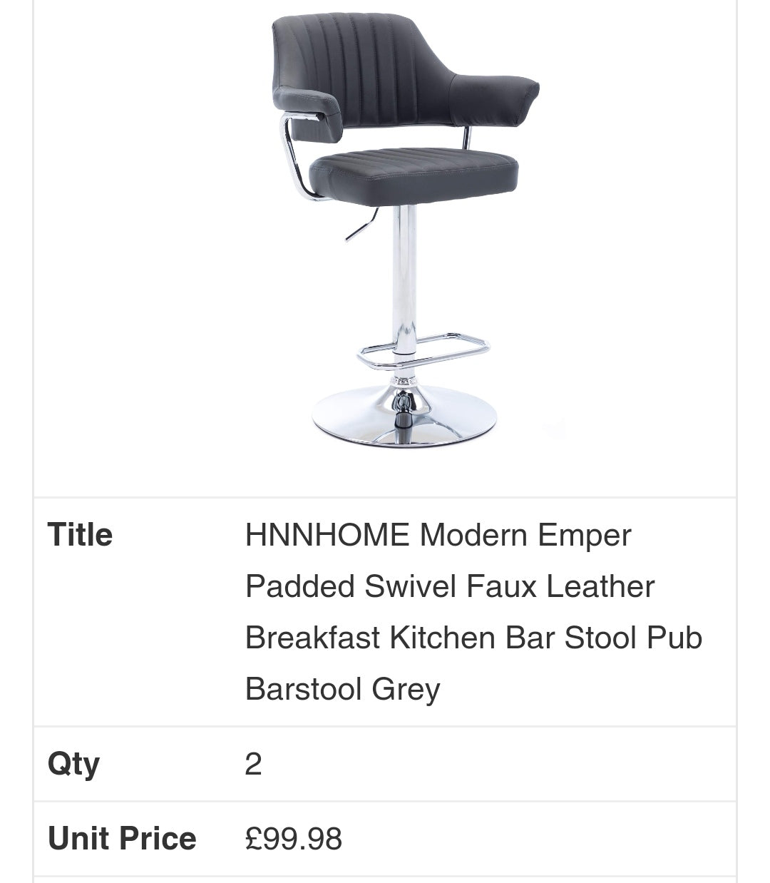 HNNHOME Modern Emper Padded Swivel Faux Leather Breakfast Kitchen Bar Stool Pub Barstool Grey