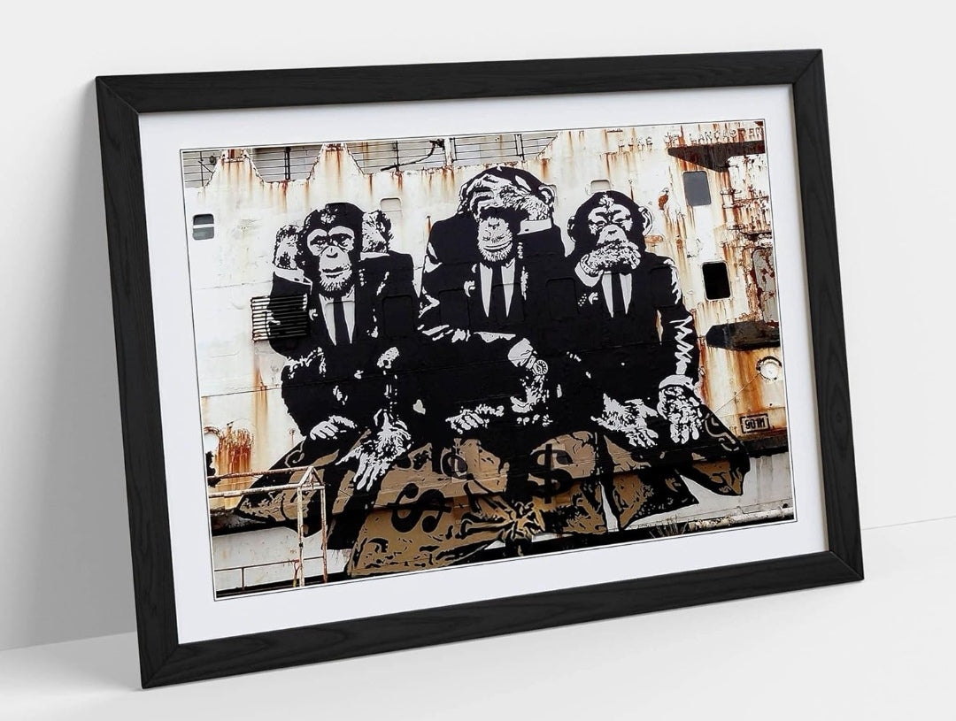 BANKSY THREE WISE MONKEYS- PREMIUM WALL ART FRAMED PICTURE PRINT (BLACK, A3)