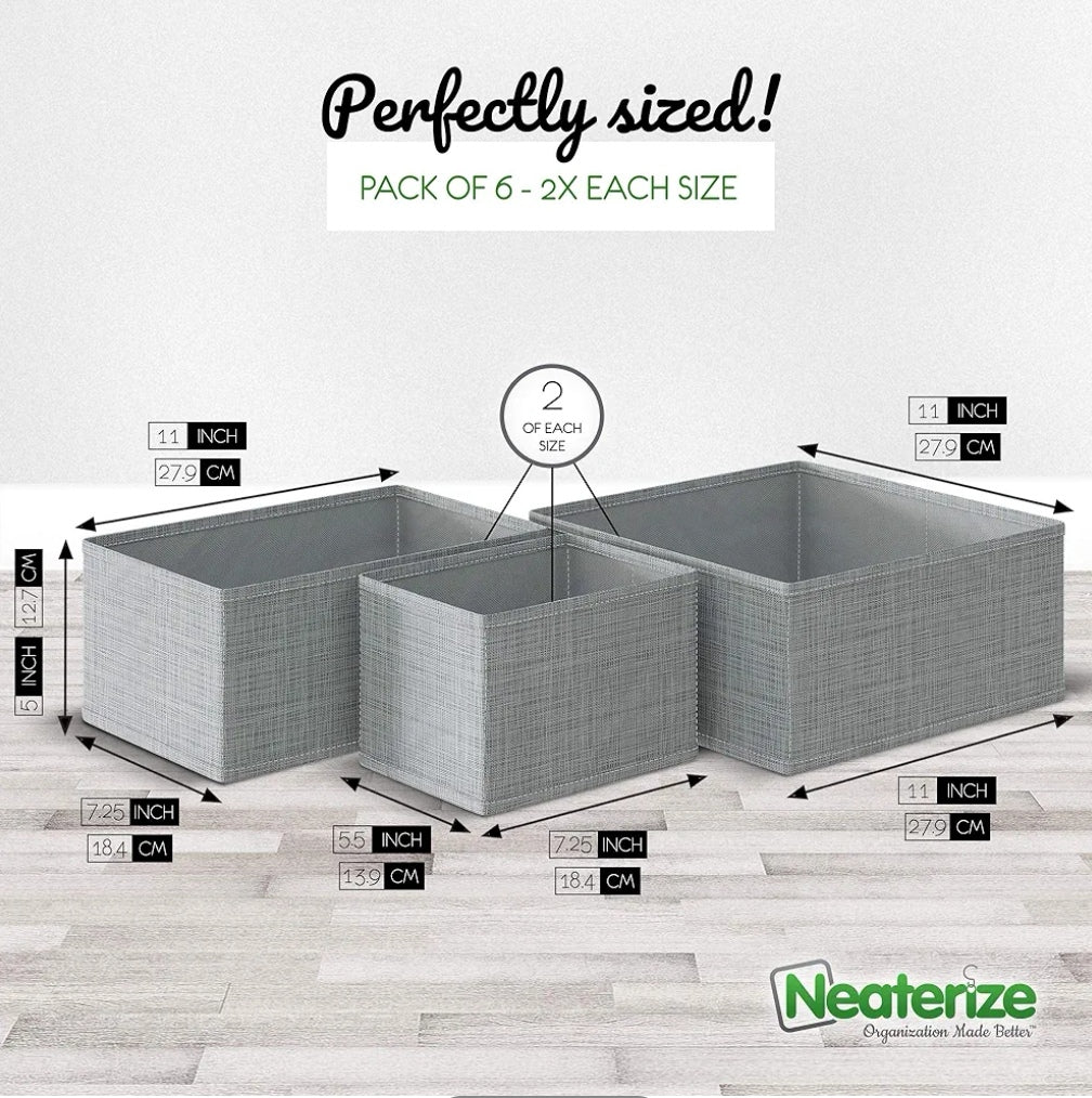 NEATERIZE Drawer Organizer - Set of 6 - Closet Organizer and Storage Baskets Foldable Cloth Drawers Divider Fabric Bin for Dresser Shelves Organize Underwear, Socks, Bra, Ties Dark Grey