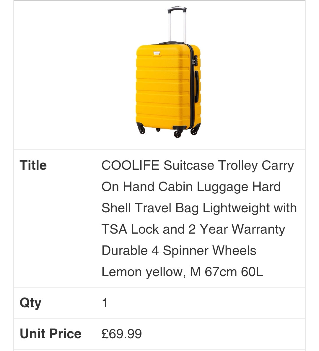 COOLIFE Suitcase Trolley Carry On Hand Cabin Luggage Hard Shell Travel Bag Lightweight with TSA Lock and 2 Year Warranty Durable 4 Spinner Wheels Lemon yellow, M 67cm 60L