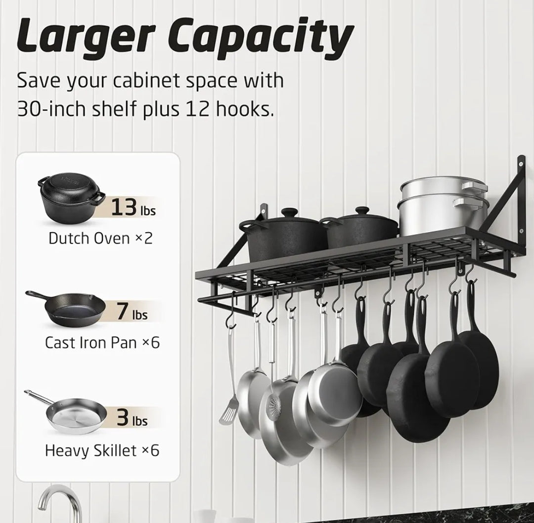 KES Pot Pan Rack Wall Mounted Kitchen Hanging Rack Storage Organizer Wall Shelf with 12 Hooks 76CM Matte Black